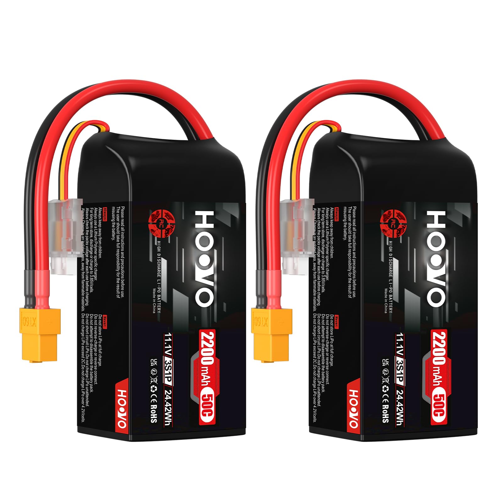 HOOVO 3S Lipo Battery 2200 mAh 11.1 V 50C SoftCase Short Battery Lipo Batteries with XT60 Plug RC Battery for 1:14 RC Car Truck Helicopter Airplane Rock Crawler Airplane Helicopter (2 Packs)