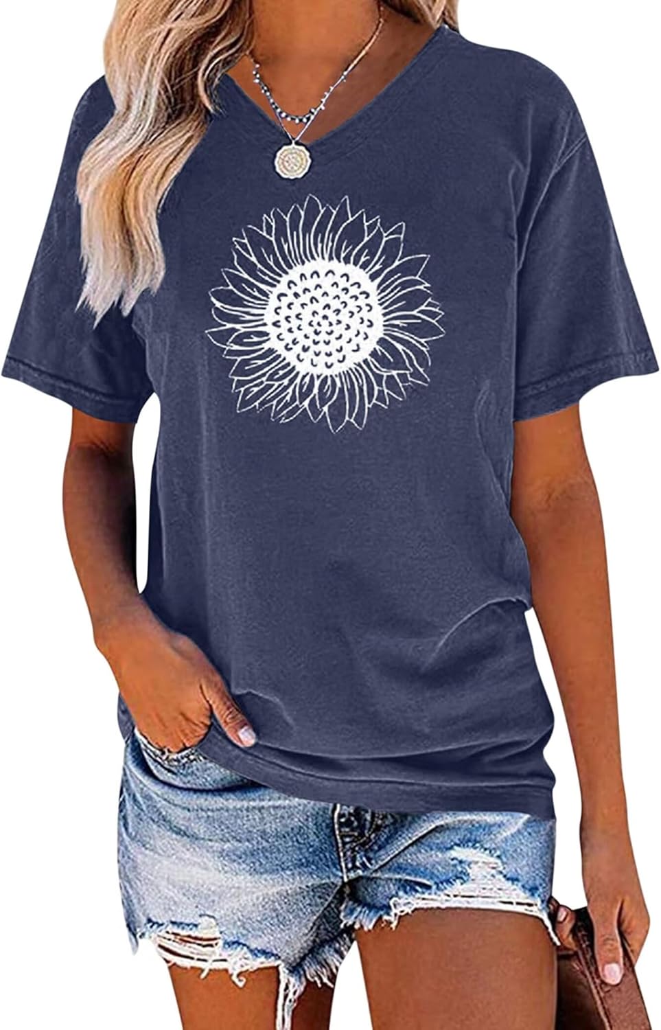 EADINVE Women’s Summer Short Sleeve Cute Sunflower Graphic Printed Tee Vintage T Shirt Cotton Tops Novelty Cool Shirts