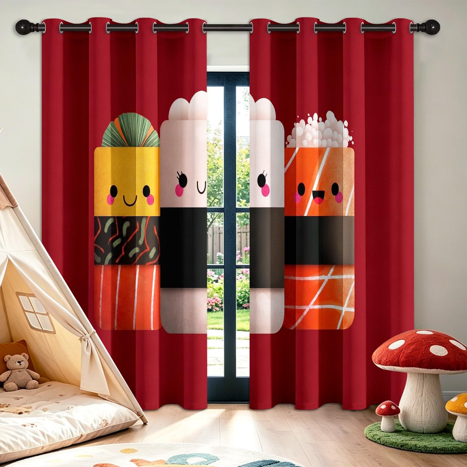 Alimentación Sushi - Cortinas opacas (2, 110 x 215 cm, aislamiento térmico y acústico para cocina, comedor, habitación infantil, cortina con ojales, dibujos animados, reducción del ruido