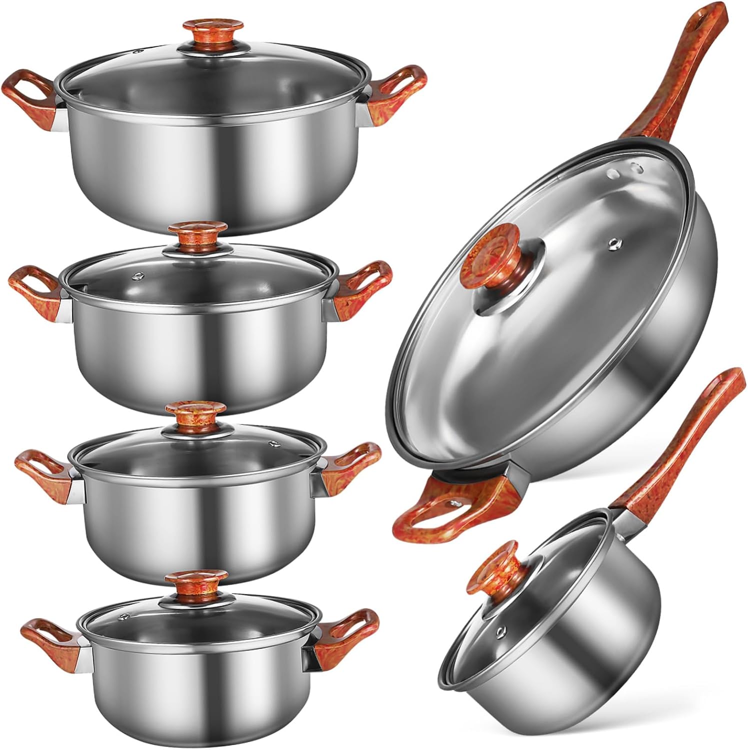 BESTOYARD 6pcs Stainless Steel Cooking Pot Set with Grain Handle Nonstick Cookware for Induction Electric and Gas Stovetops Versatile and Easy to Clean