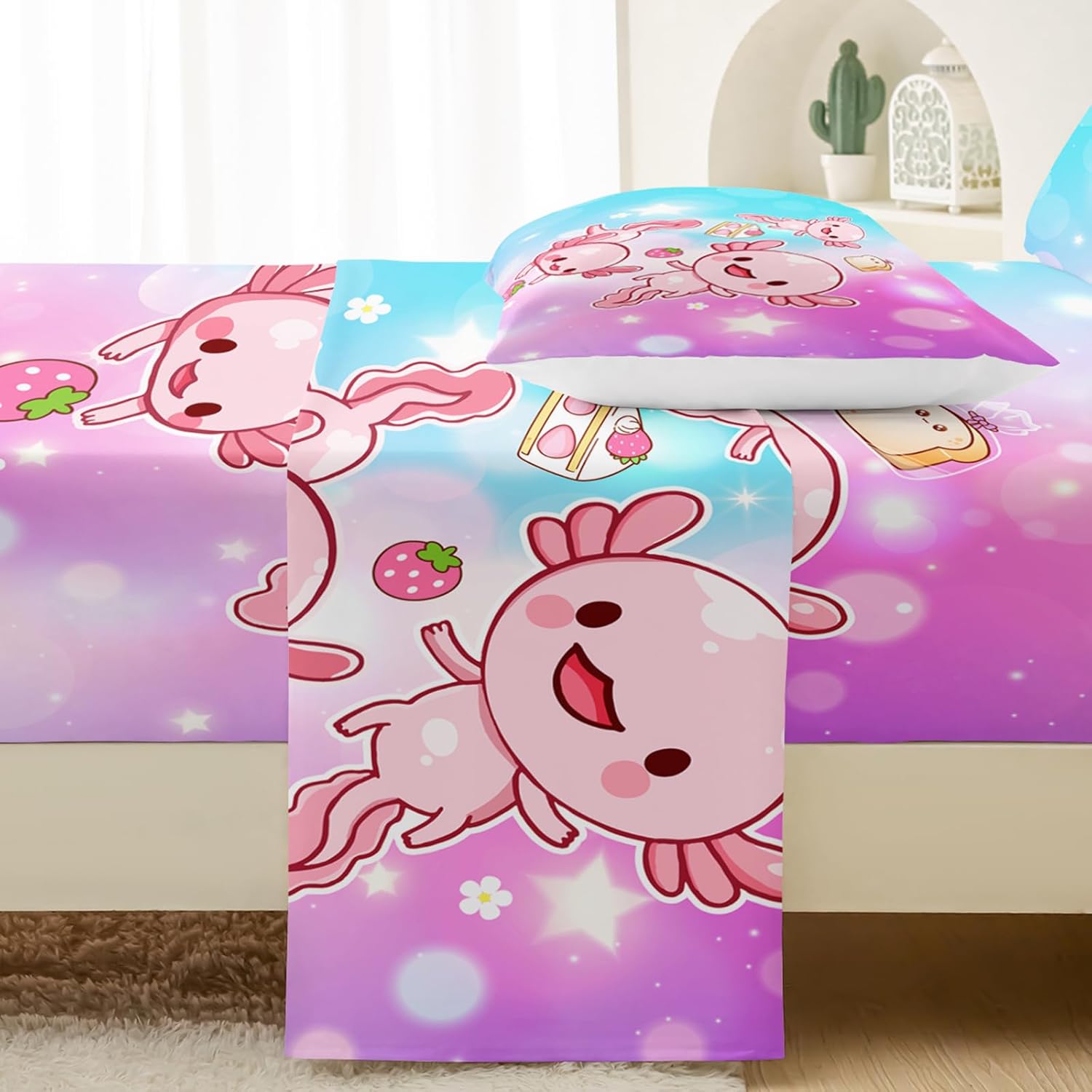 QOOMO Pink Axolotl Microfiber Flat Fitted Sheets Set for Children Strawberry Cake Super Soft Kids Bedding Set Gradient Bubble Room Decoration Full Size 1 Fitted Sheet, 1 Flat Sheet, 2 Pillow Cases