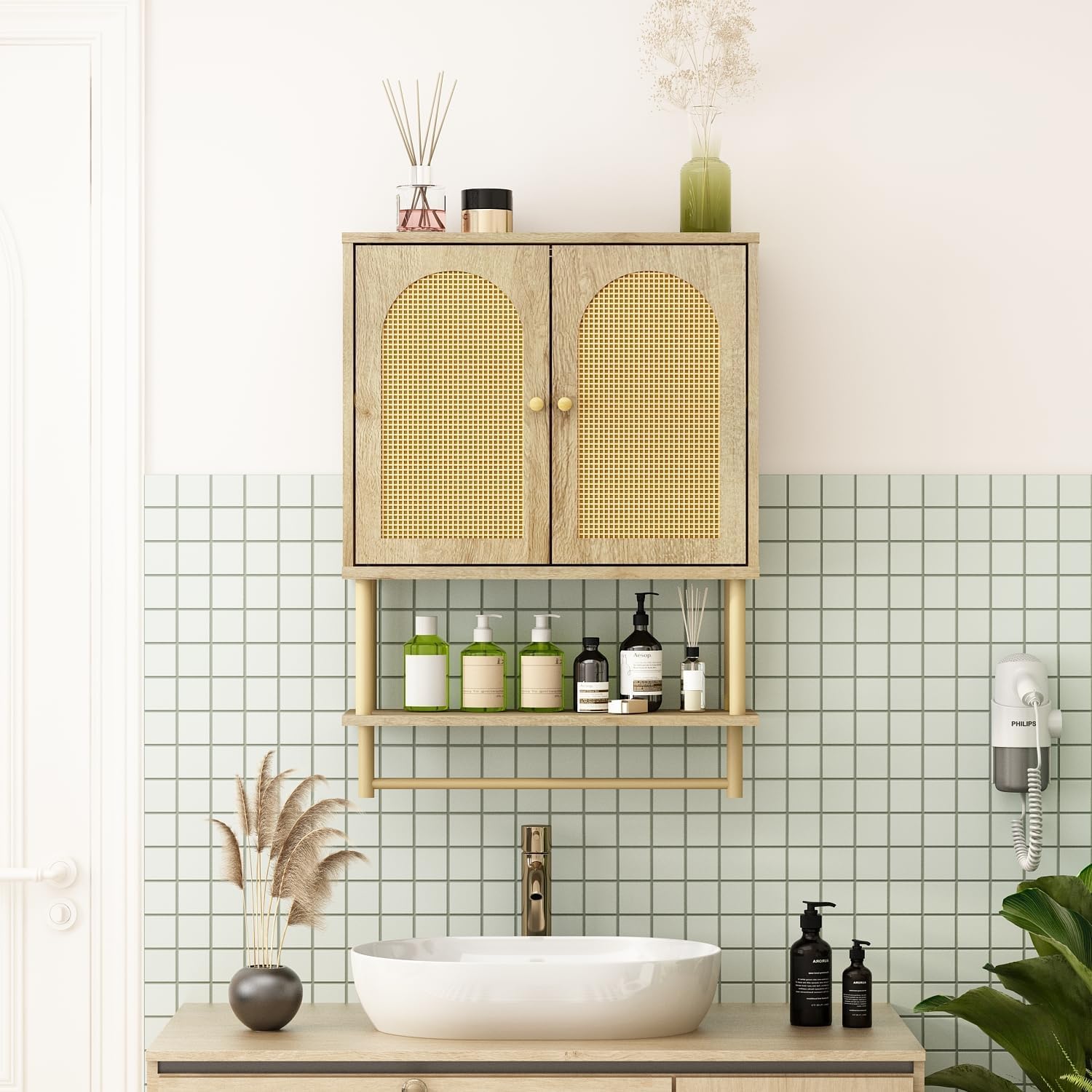 RUSTOWN Rattan Bathroom Wall Cabinet, Modern Boho Medicine Cabinet with Two Arched Rattan Doors, Over The Toilet Storage Cabinet with Adjustable Shelf and Towel Bar for Bathroom (Natural,Medium)