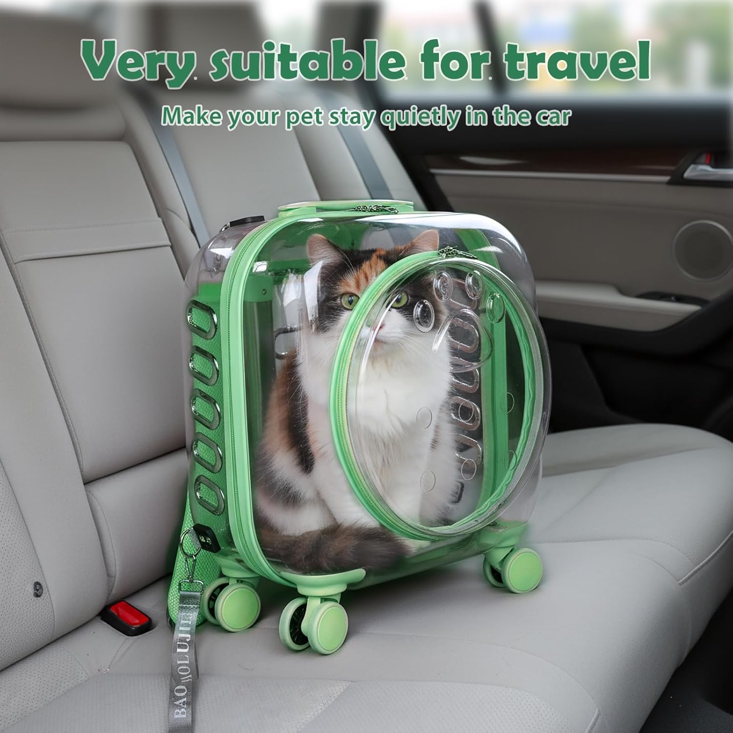 Cat Carrier Hard Shell Transparent Pet Trolley Box with Wheels, Pet Rolling Backpack with Telescopic Handle, Detachable Shoulder Strap, for Travel Outdoor Green