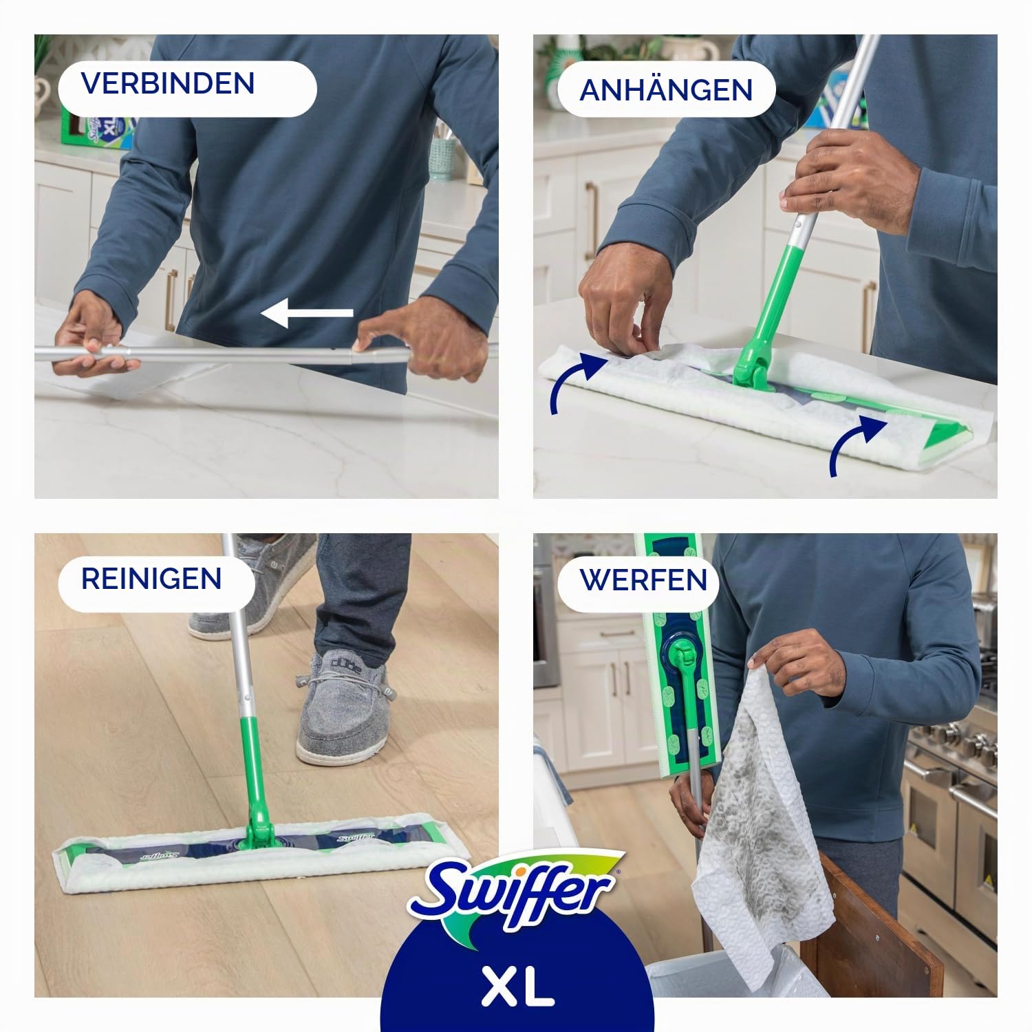 Swiffer Sweep + Mop XL, Besen & Mop Alternative, Bodenreiniger für Schmutz, Staub, Haare, Allzweck-Reinigungswerkzeug für Zuhause, Bad, Küche, Set beinhaltet 1 XL Kehrmaschine 8 XL Trockenpads 2 XL