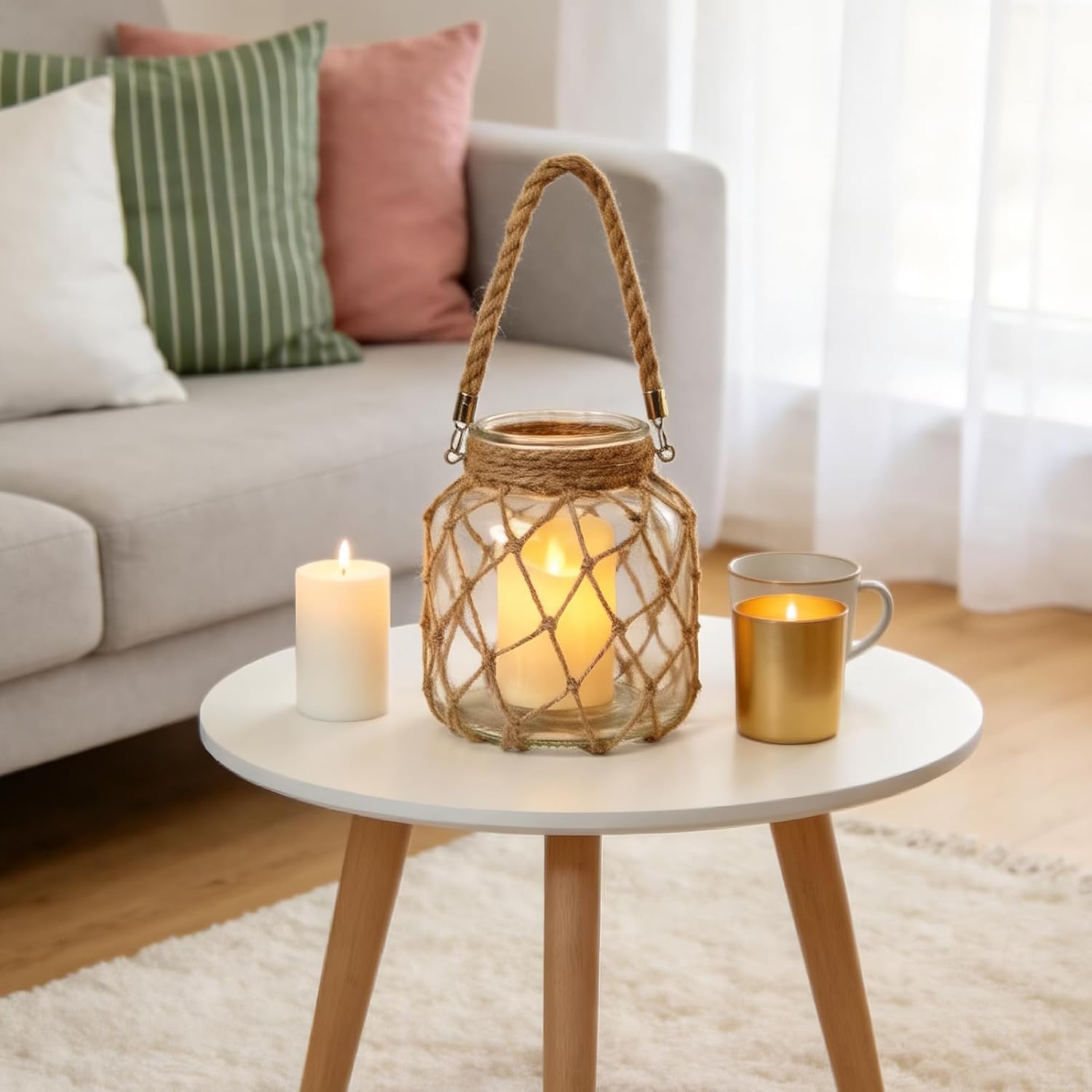 Nautical Candle Lantern with Rope, Wrapped Glass Jar and LED Flameless Candle (No Batteries Included), Decorative Table Centerpiece and Beachy Home Decor (5.6" x 5.6" x 6.8")