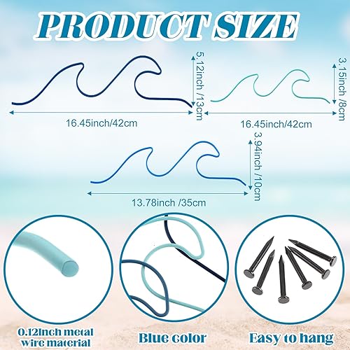 Miniatura 2 de Tandefio Decoración de pared de olas oceánicas de metal, 3 piezas, arte de pared de playa de ola azul, decoración náutica, tablero de surf costero