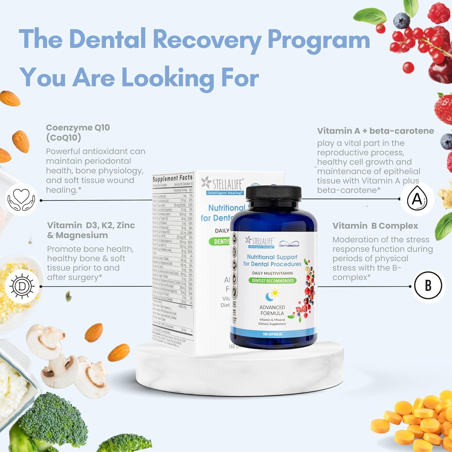 StellaLife DentaMedica Vegan Daily Multivitamin Nutritional Support for Faster Dental Surgery Recovery, VIT D3 K2 C B Zinc CoQ10 Magnesium, Healthy Bones & Gums, Non-GMO, GMP USA, 168 Capsules - Image 3