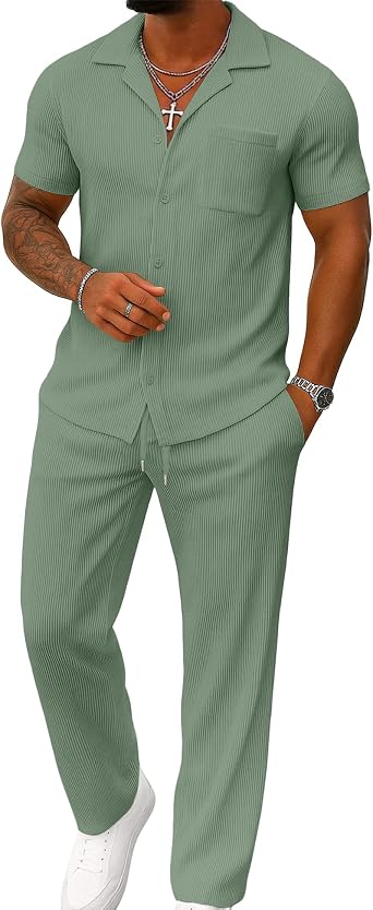 UOUA Mens Summer 2 Piece Set Casual Outfits Button Short Sleeve Shirt & Loose Pants Textured Striped Tracksuit Walking Suits
