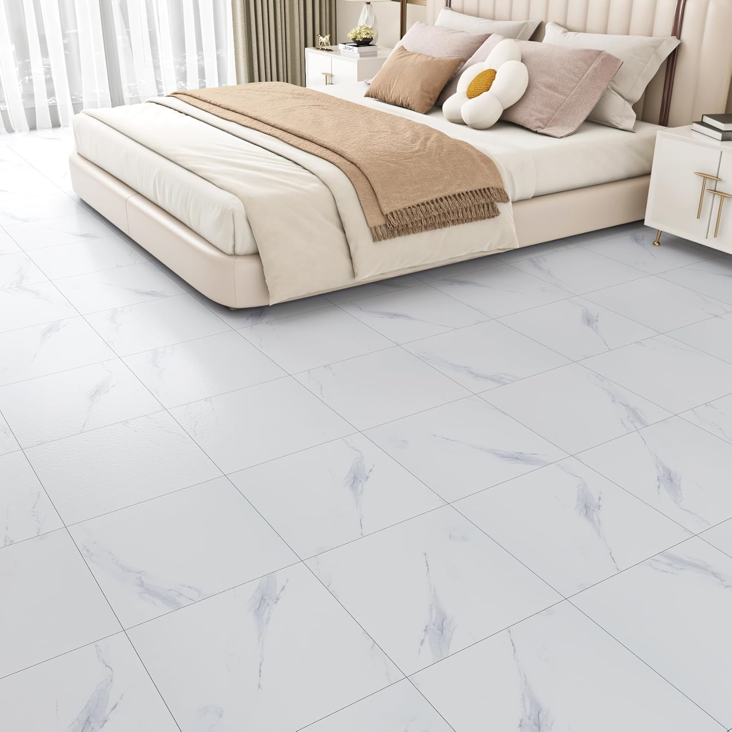 ReWallpaper White Marble Floor Tile Waterproof Vinyl Flooring 12in x 12in Peel and Stick Flooring Waterproof for Concrete Kitchen Bathroom Bedroom Living Room Apartment Rental Home Large Area 30 Tiles