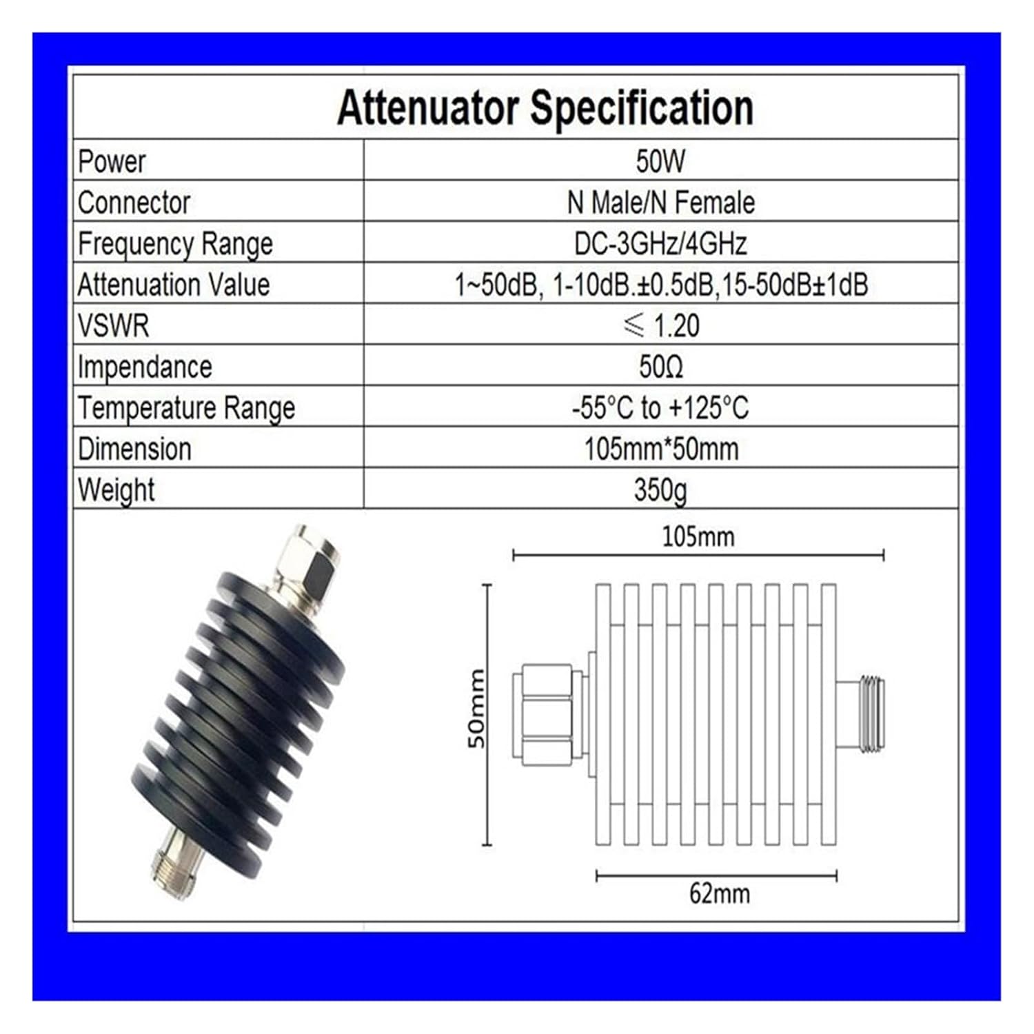 50W N-JK Attenuator DC-3GHz/4GHz 1/2/3/5/6/10/15/20/30/40/50db N Male to Female Coaxial Power Connector(2db,4G)