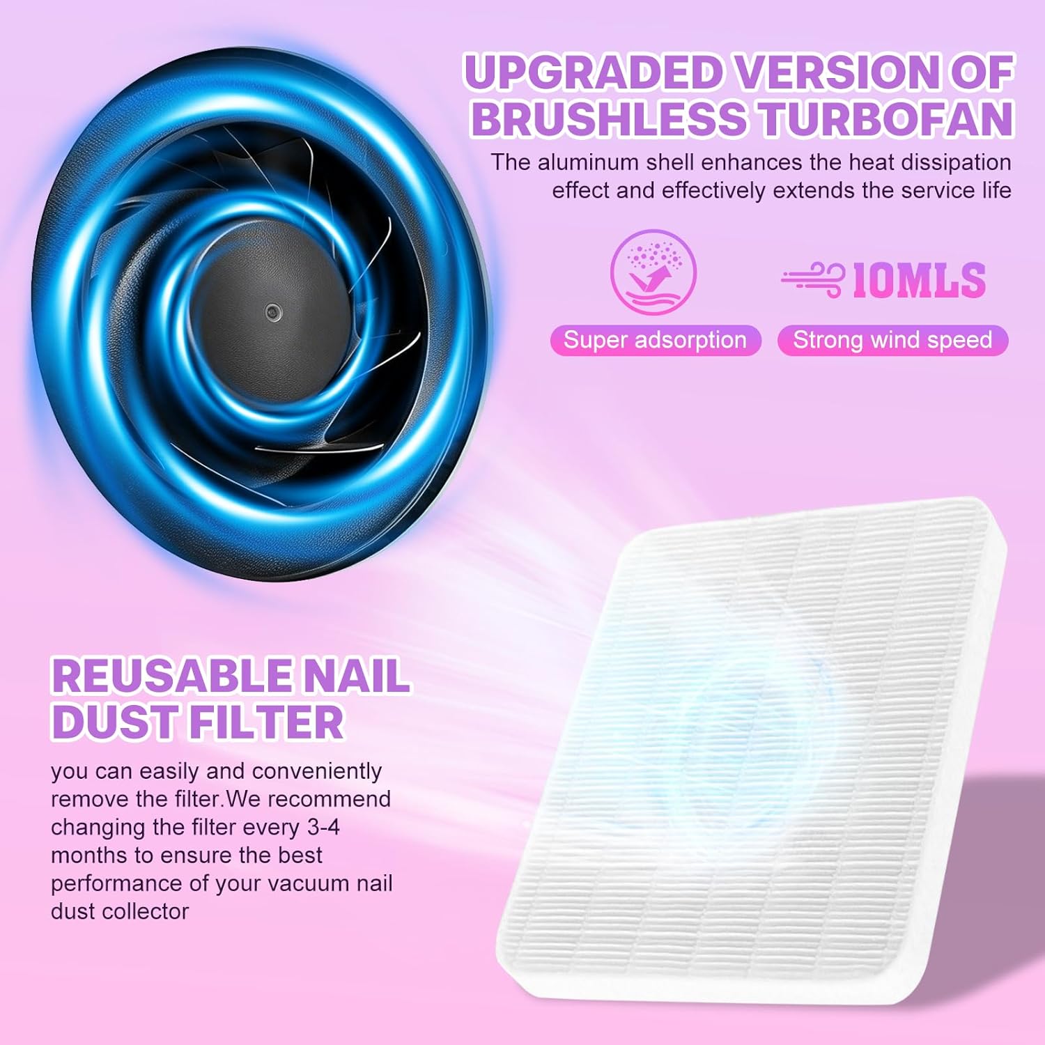 Nail Dust Collector - Nail Fan Dust Collector Compact Salon Tool for Acrylic Nails Polishing, Nail Salon Home (Pink)