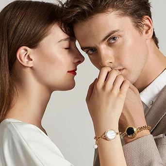 TOTWOO Long Distance Touch Bracelets with Vibration Function Smart Jewellery His and Hers Couples Matching Bracelets Sun and Moon Pattern Couple Gifts Pair One-to-One via Bluetooth Love Relationship