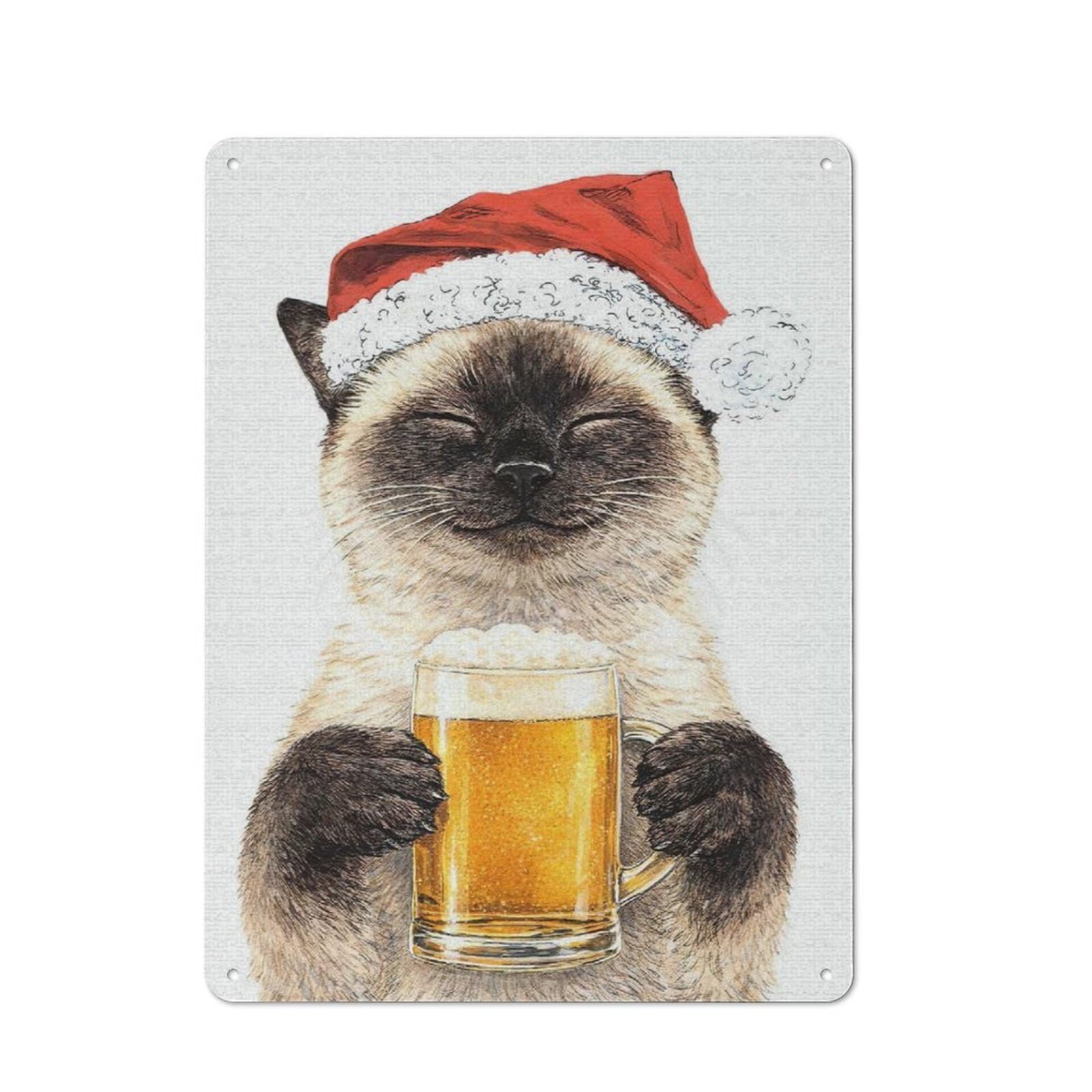 Siamese Cat in Santa Hat with Beer Clean Industrial Metal Wall Decor 40x30cm, Decorative Metal Plaque for Workspace, Cafe, Hallway Or Garage