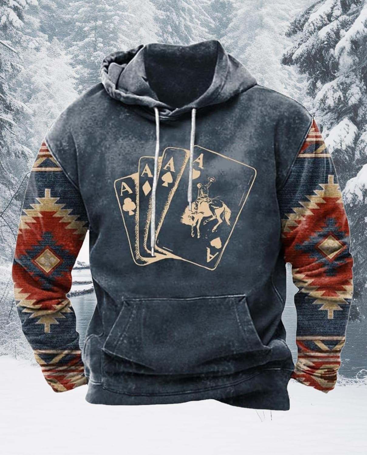 Western Hoodie for Men Aztec Cowboy Printed Drawstring Pullover Hooded Sweatshirt Mens Comfy Fleece Sweatshirt - Image 2