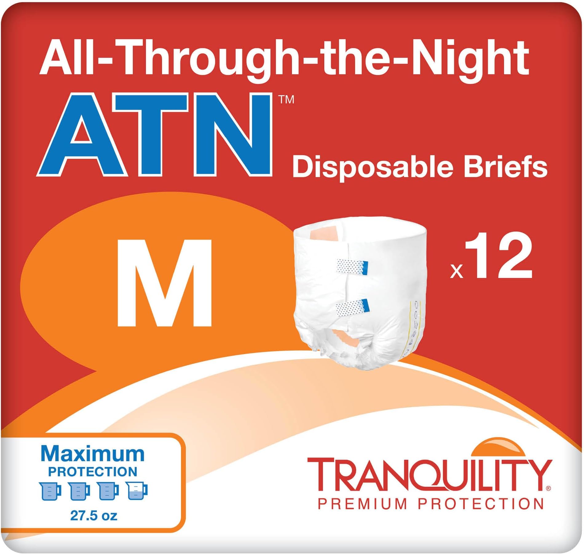 Premium ATN Disposable Briefs with Tabs, Overnight Protection Superabsorbent Core for Leak-Free and Full-Fit Comfort, Medium 96ct Case