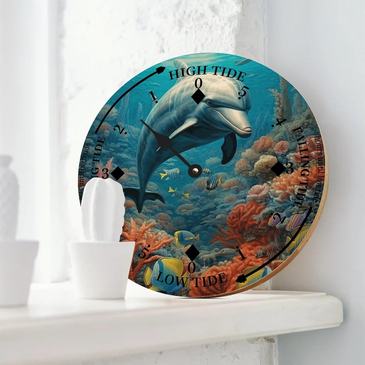 Cheyan Dolphin Tide Clock Silent Non-Ticking Battery Operated Wooden Moon Nautical Tide Movement Clock for Sailing Living Room Restaurant Home Decor Wood Wall Art 12x12 in