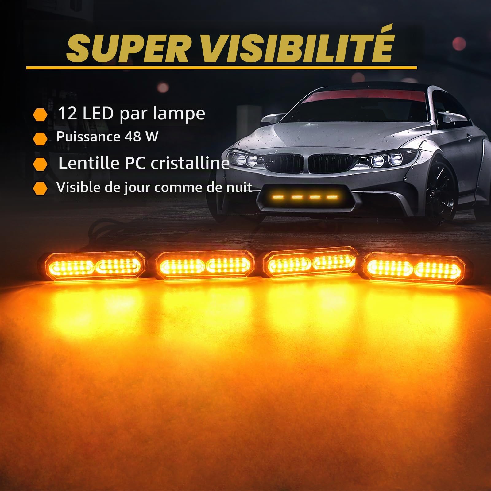 Lampe Stroboscopique Ambrée Pour Véhicules, 4PCS Feux LED Avec Boîte de Contrôle, 20 Modèles, 12V-24V Pour Voiture Van Camion