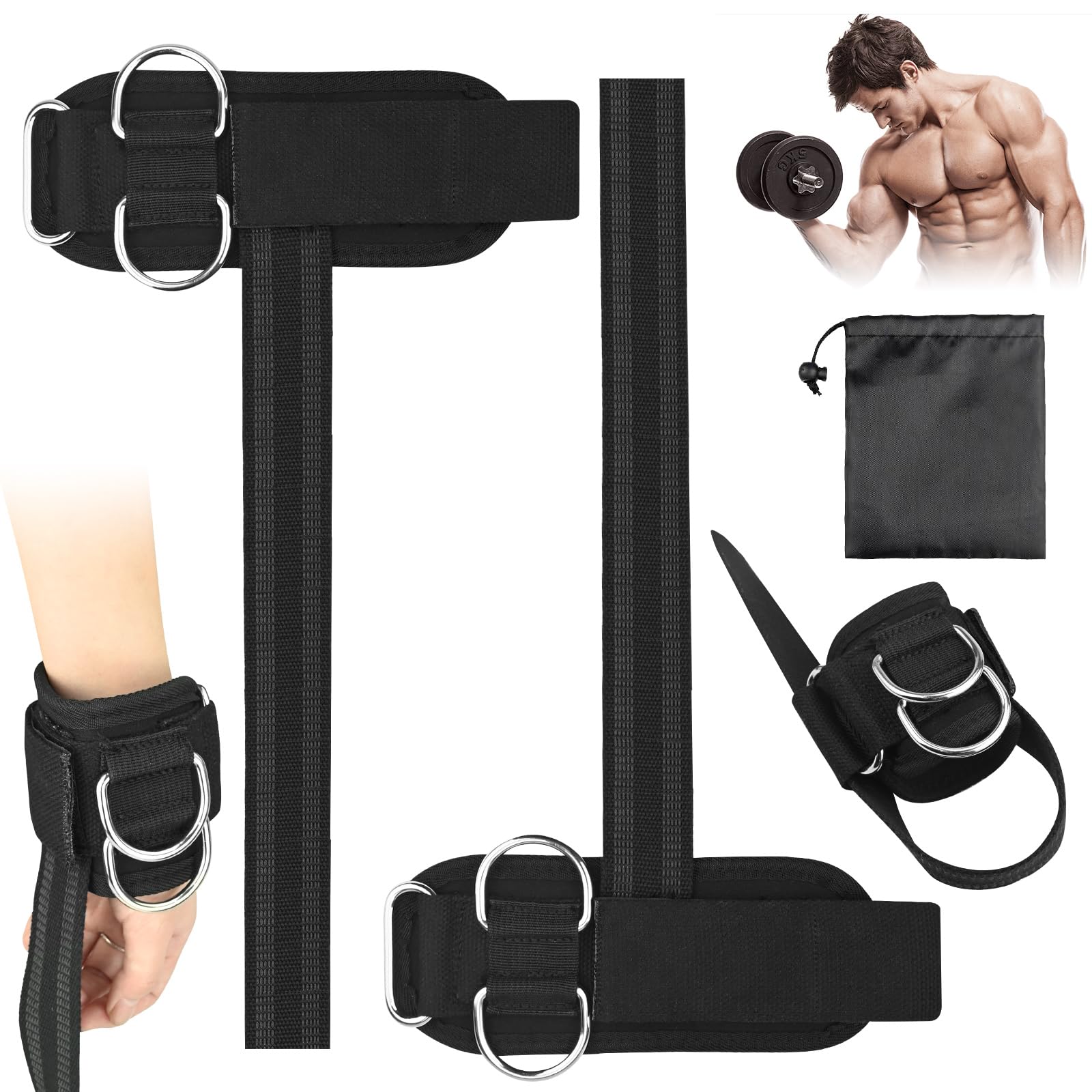 2pcs Weight Lifting Straps - Anti-Slip Lifting Straps with D Ring for Cable Machine Workout Wrist Support and Cuff Attachment Gym Wrist Straps Weightlifting for Men Women (Black)