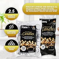 Vista 4 de PAMI Premium Paquete de 50 Velas de Té de Larga Duración - Sin Fragancia con 2.5 Horas de Tiempo de Combustión - Velas de Té de Parafina con Hermosa