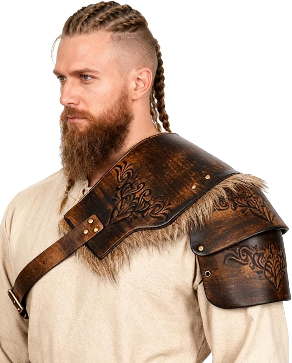 L'VOW Men Medieval Fur Shoulder Armor Adjustable Warrior Viking Leather Armor for Halloween LARP Cosplay