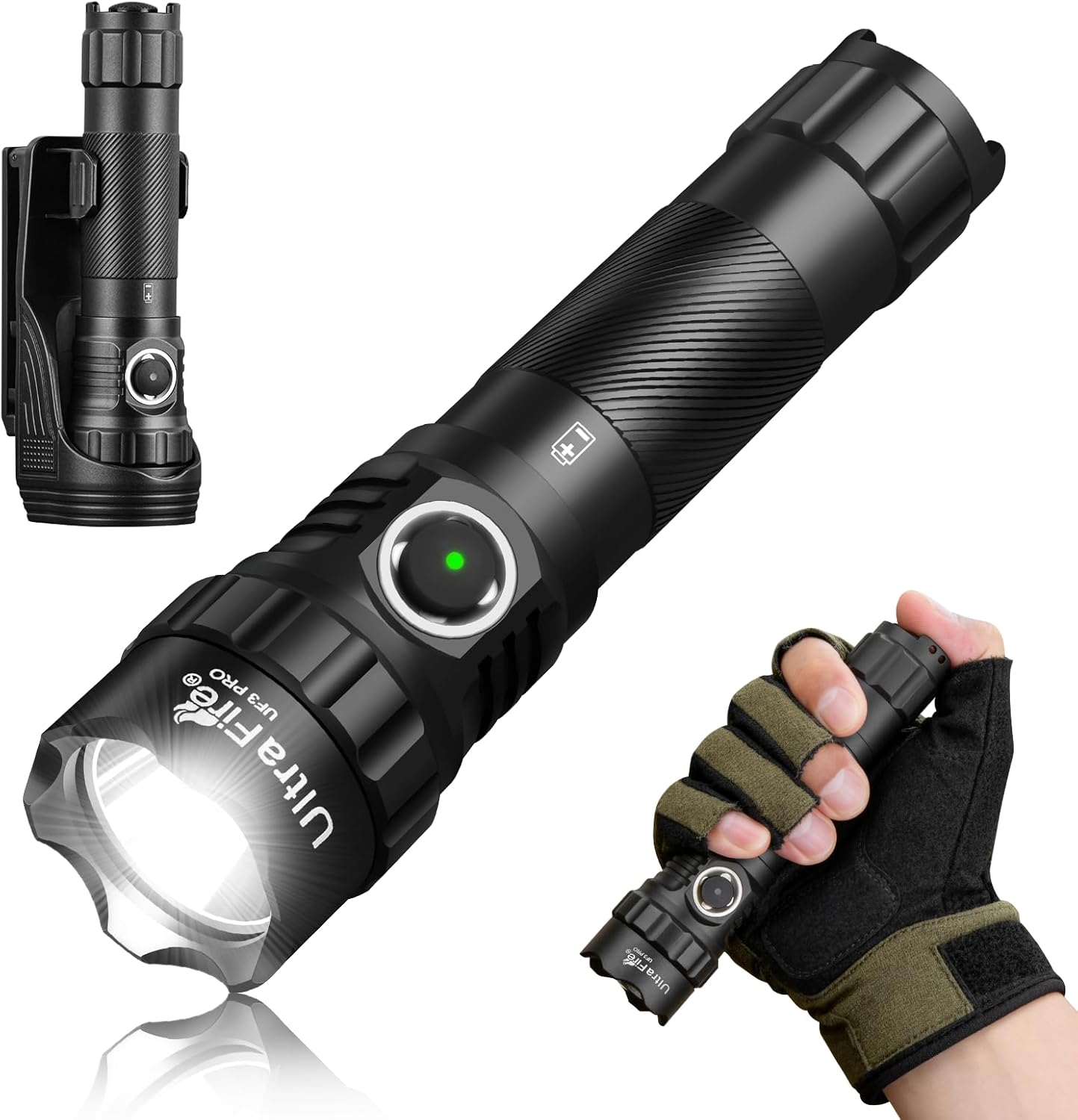 ULTRAFIRE Tactical Flashlight with Holster, 1800 Lumen USB C Rechargeable Security Flashlight, Dual Switches for Duty Belt, Emergency and Police UF3 PRO
