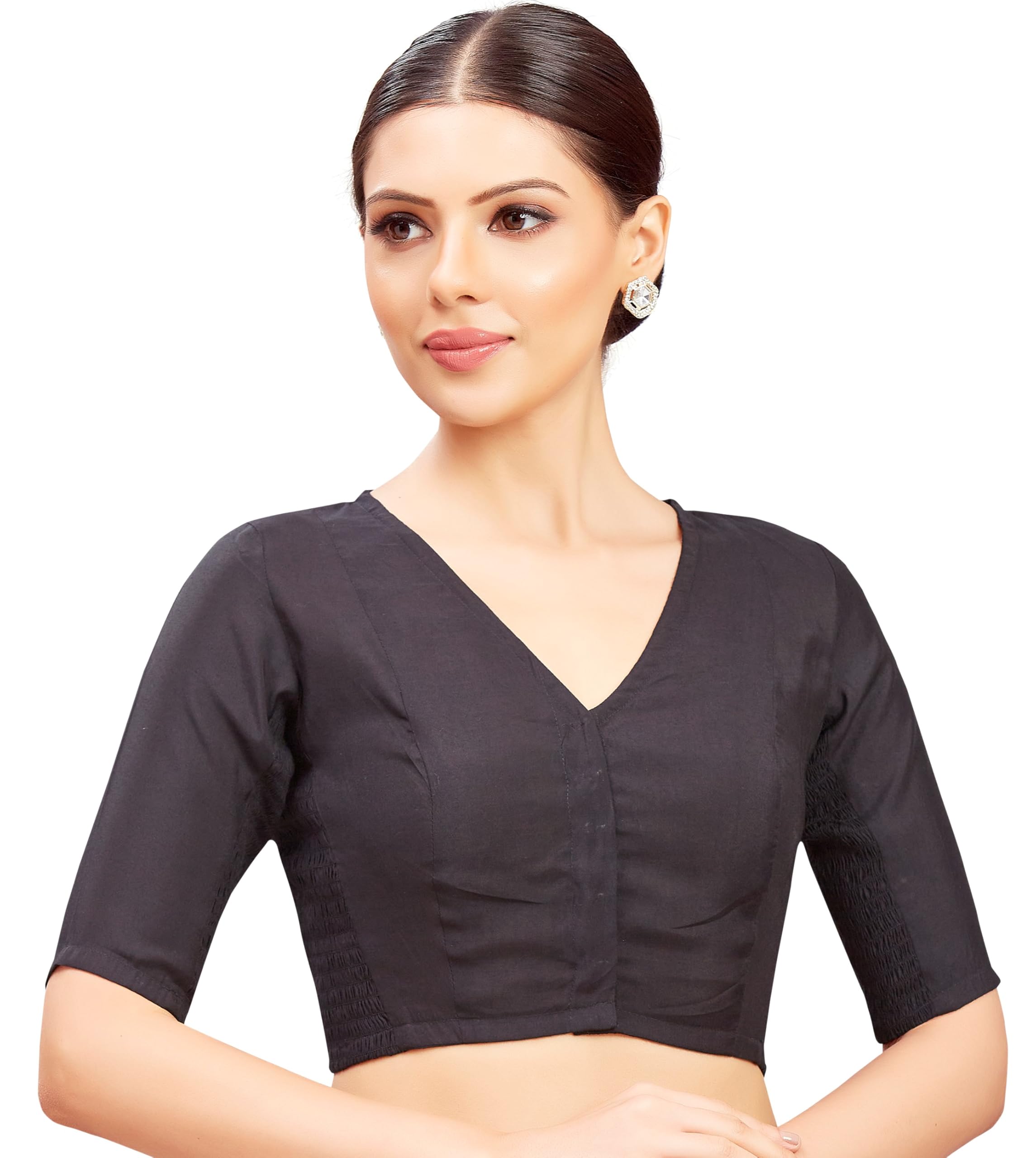 Studio Shringaar Women's Cotton Silk Stretchable (Smocked) Readymade Elbow Length Sleeves Saree Blouse