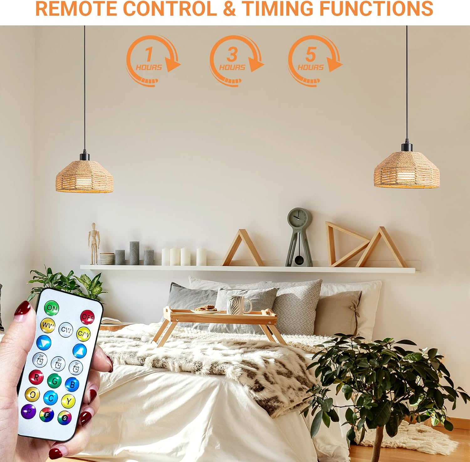 Battery Operated Pendant Light with Remote,Battery Hanging Light Rattan Woven Chandelier No Wiring Needed,Rechargeable Light Bulb 50+Hours Continue Use,Perfect for Kitchen Islands Ceiling Lighting