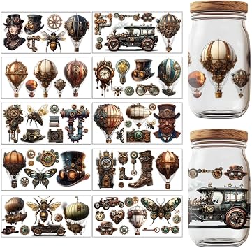 10 Sheets Steampunk Style UV DTF Cup Wraps, Aesthetic Transfer Stickers Antique Vinyl UV Rub Transfer Stickers for 16 Oz Glass Cups Milk Tea Cups Mugs Container Decor