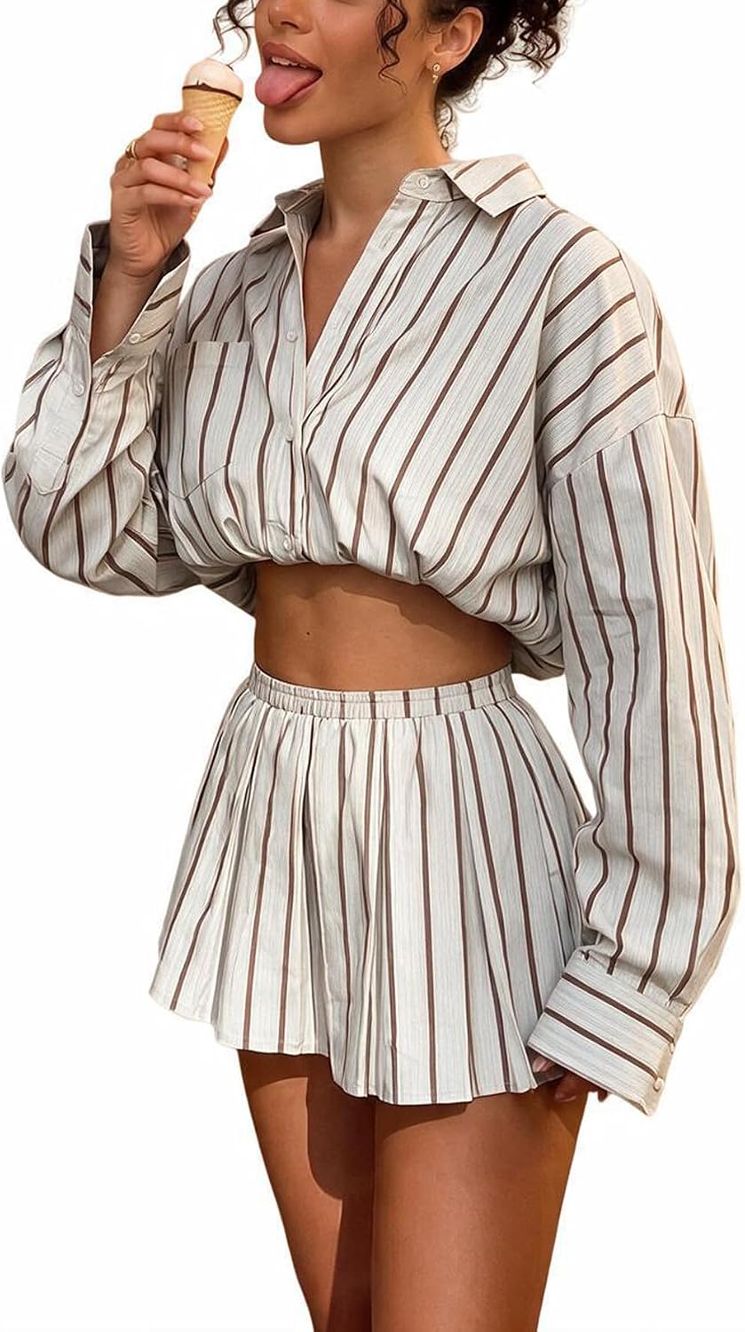 Women's Striped 2 Piece Button Down Crop Top & Pleated Skirt Sets