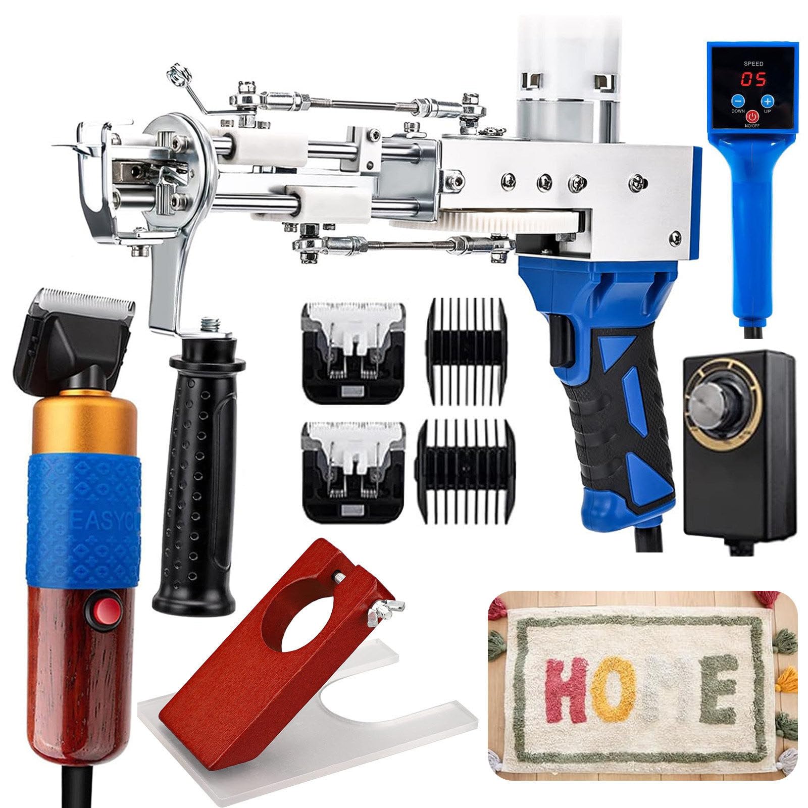 Tufting Gun Kit Complet avec Tondeuse à Tapis, Pistolet 2-en-1 Velours Coupé/Bouclé, avec écran LCD D'affichage De La Vitesse, Kit De Fabrication De Tapis pour Débutants D