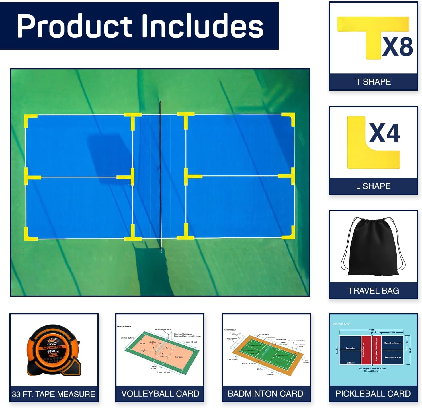 Acpape Pickleball Court Marking Kit | with 33ft Long Tape Measure and Reference Cards | Pickleball Accessories | Pickleball Court Lines | Temporary Pickleball, Badminton, Volleyball Court |