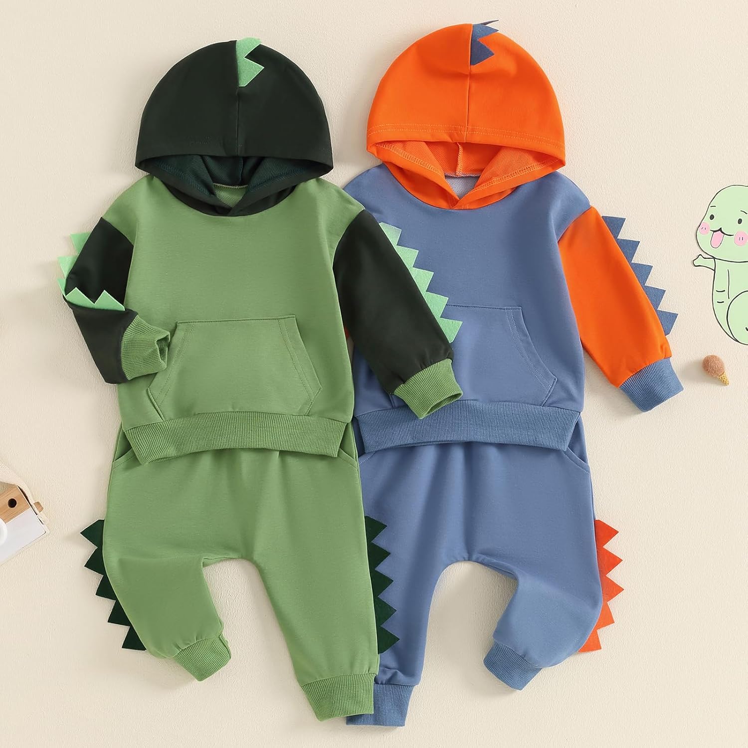 Infant Baby Boy Hooded Dinosaur Fall Outfit Contrast Sweatshirt Pant Set Toddler Dinosaur Clothes 6 12 18 Months 2T - Image 5