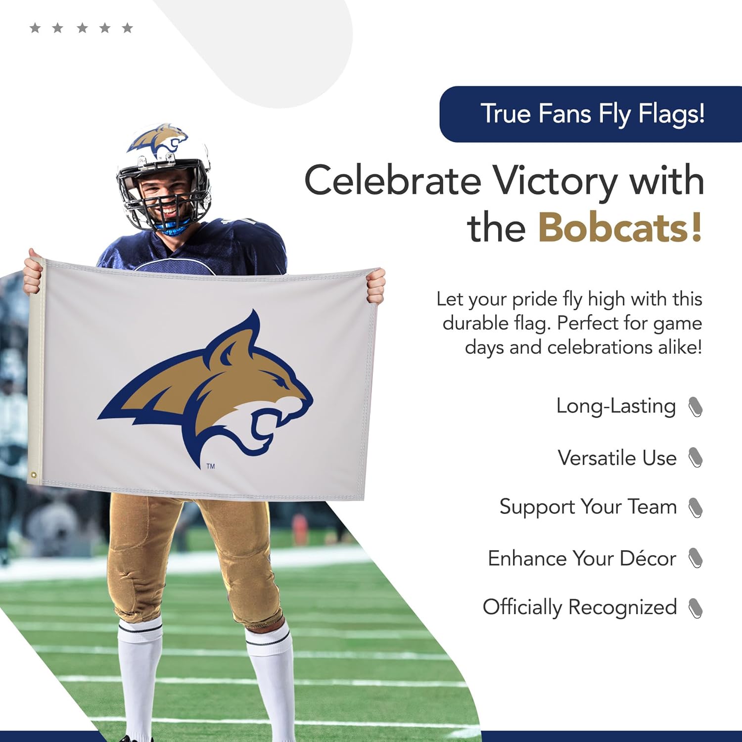Montana State Bobcats College Sports Printed Flag - NCAA Licensed - Nylon - School Banner (White, Gold, Blue) (2' x 3') - Image 5