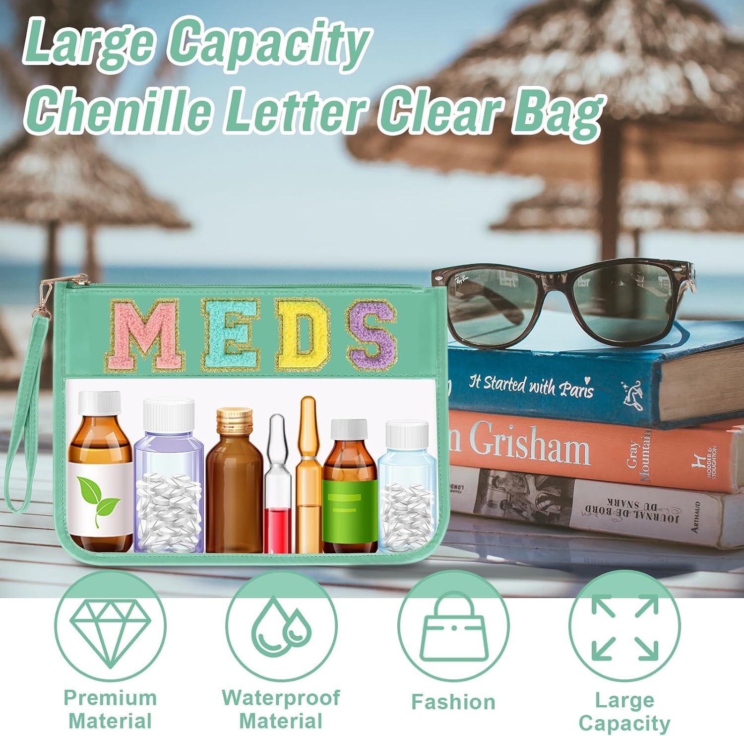Iqimott Chenille Letter Patch Bag Clear MEDS Drugs Pouch, Preppy Portable Cosmetic Makeup Bag for Women Girls Travel, Waterproof Nylon Zipper Toiletry Medicine Storage Case Stadium Bag(Green, MEDS) image 4