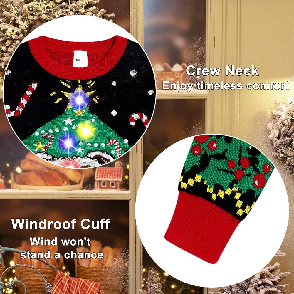 Funnycokid Kids Ugly Christmas Sweater Light Up Boys Girls Funny LED Knitted Pullover Size 7-14