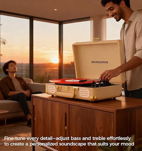 Miniatura 8 de Tocadiscos Bluetooth vintage, tocadiscos portátil de 3 velocidades con altavoces estéreo de graves integrados, fonógrafo de vinilo accionado por