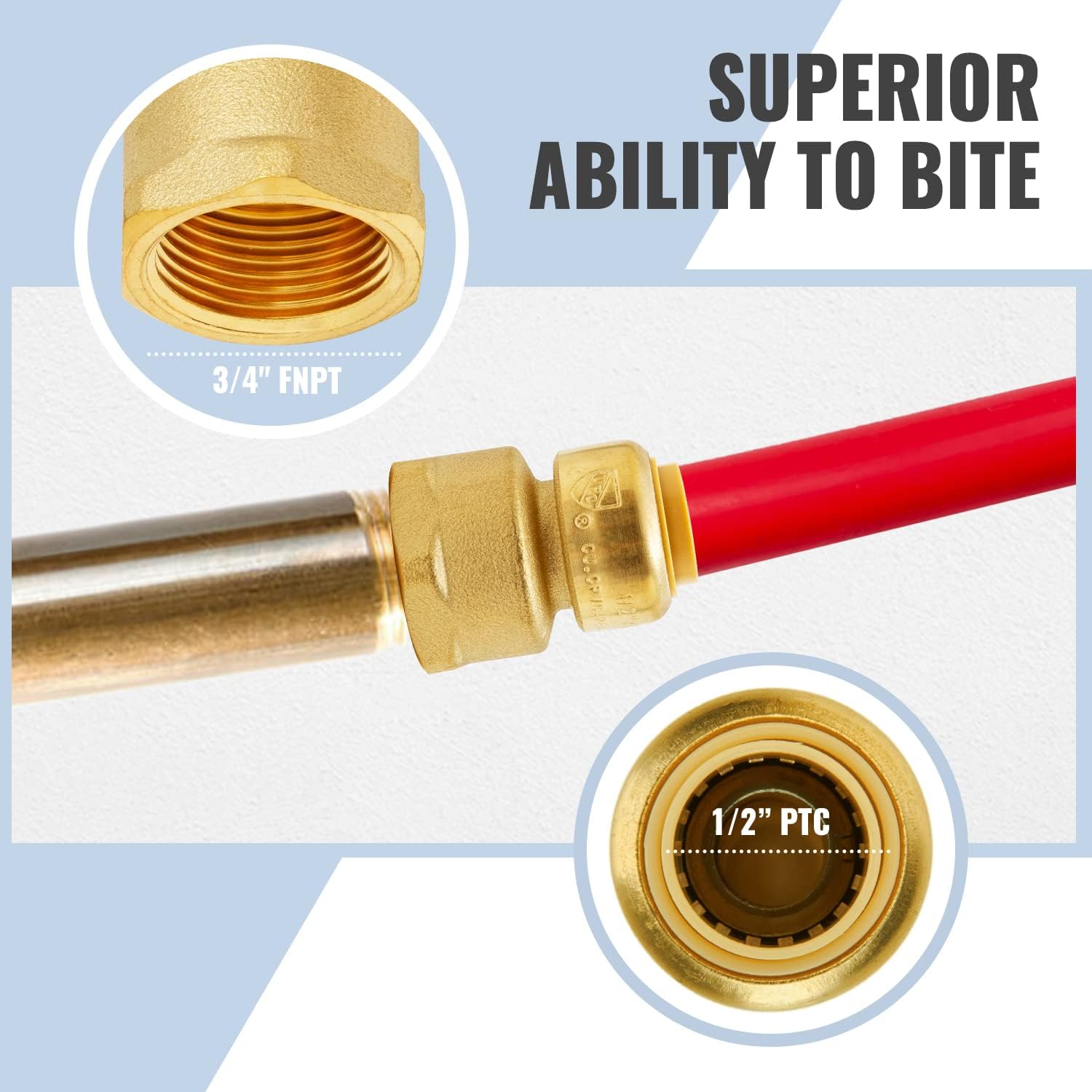 SUNGATOR 3/4 Inch FNPT x 1/2 Inch Pushfit Adapter, Female Reducer, No Lead Brass Push-to-Connect Plumbing Fittings to Connect PEX Pipe, Copper, CPVC, With 1 Disconnect Clip, Pack of 3