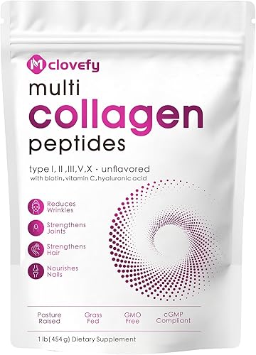 Multi Collagen Peptides Powder, 16 oz (41 porciones)  Suplemento proteico tipo I, II, III, V, X con ácido hialurónico, vitamina C y biotina, sin