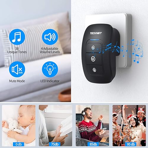Miniatura 2 de TECKNET Timbre inalámbrico, timbre de aula, fácil instalación, volumen ajustable, rango de 1300 pies con 38 campanillas, kit de timbre de puerta