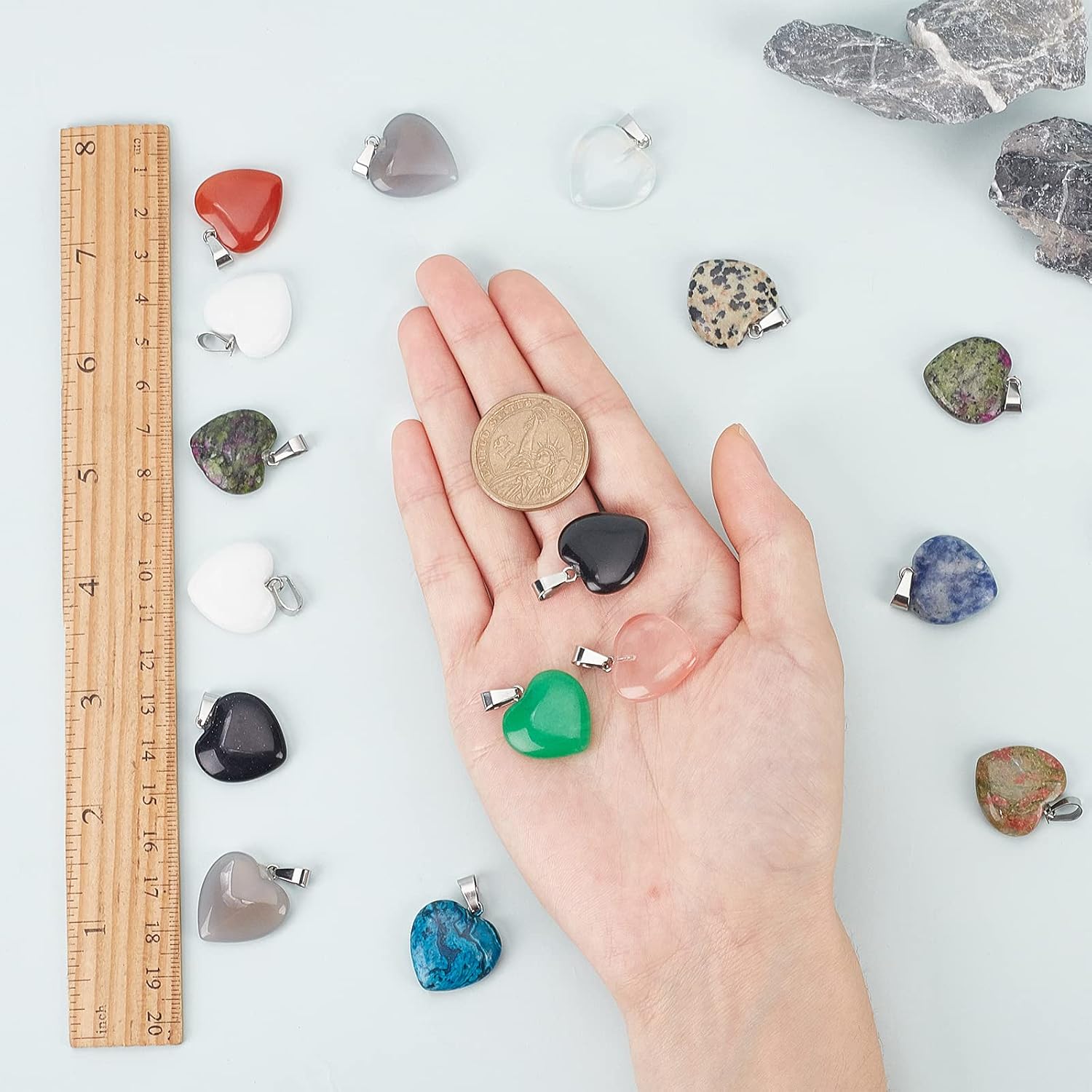 SUNNYCLUE 1 Box 30pcs 15 Colors Heart Shaped Stone Pendants Charms Colorful Natural Energy Healing Crystal Mixed Stone Chakra Gemstone Jasper Cherry Quartz Jade Agate for Jewelry Making Crafts - Image 4