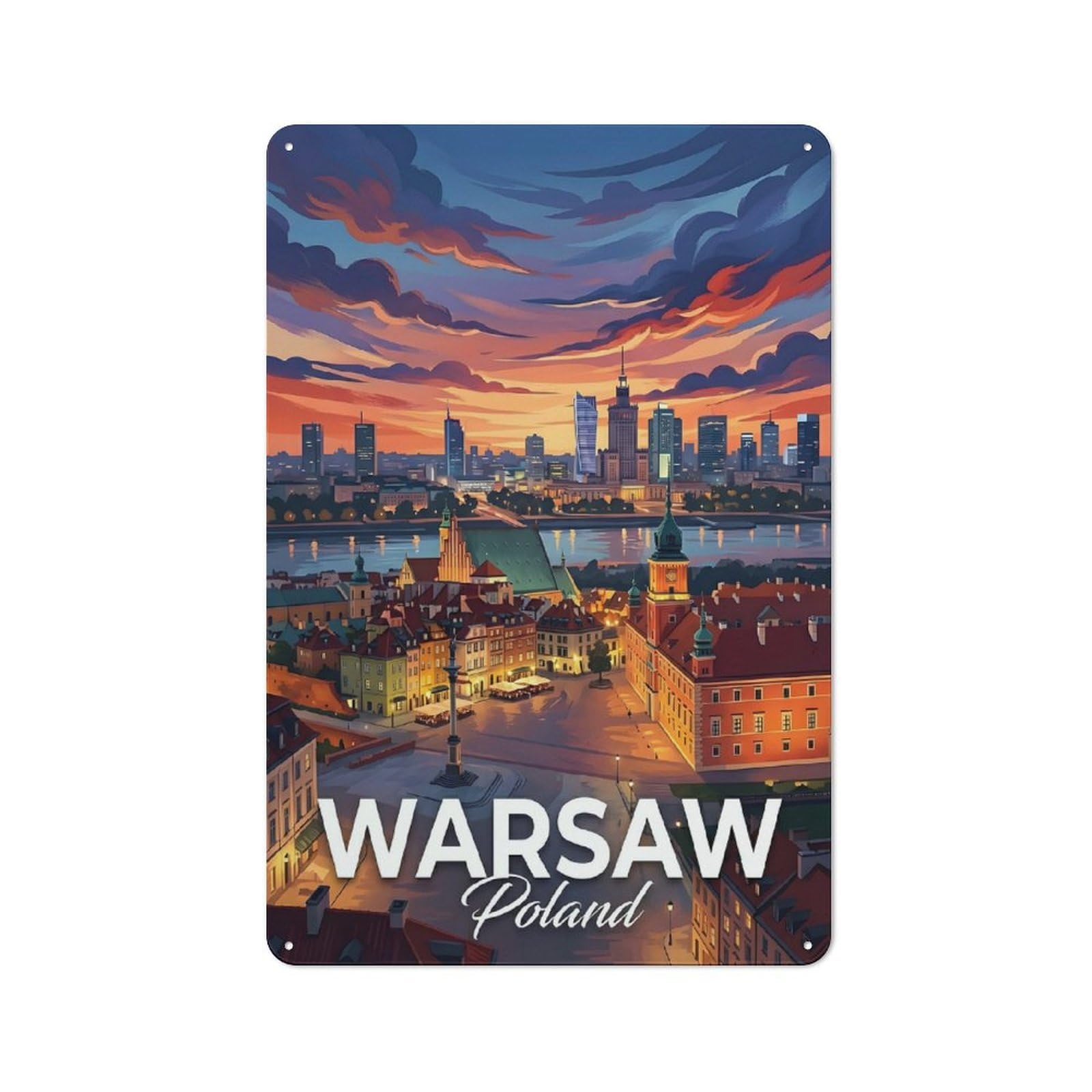 Casual Warsaw, Poland Cityscape at Sunset Shed Metal Sign 30x20cm, Shed Wall Decor for Greenhouse, Garden Room, Cafe Or Entryway