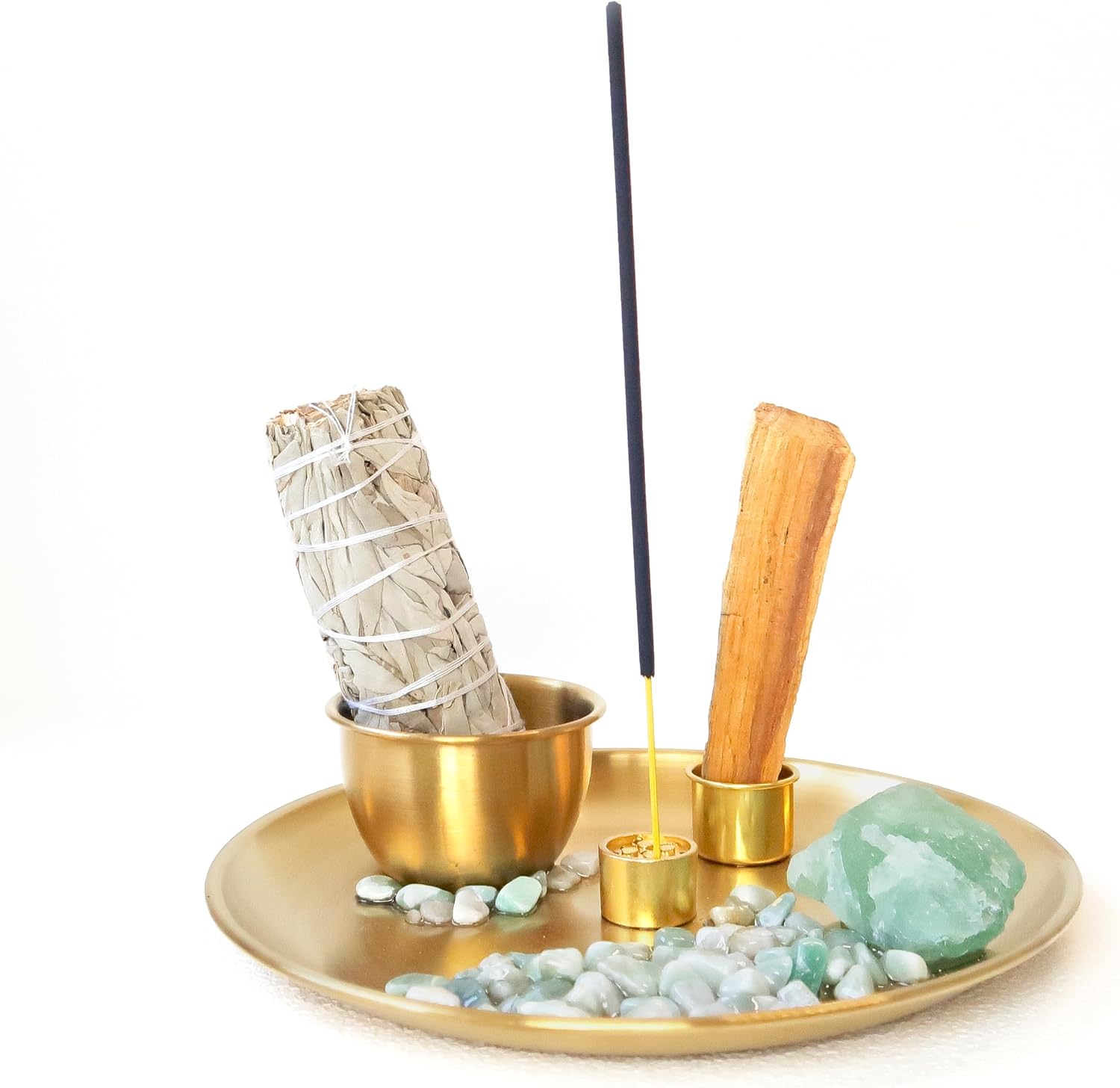 Crystal Multifunction Incense and Candle Holder for Burning Sage, Palo Santo, Incense Sticks - Natural Stone with Metal Plate Ash Catcher for Meditation Room Home Decor Spritual Gifts (Color 1)