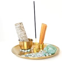 Crystal Multifunction Incense and Candle Holder for Burning Sage, Palo Santo, Incense Sticks - Natural Stone with Metal Plate Ash Catcher for Meditation Room Home Decor Spritual Gifts Color 1