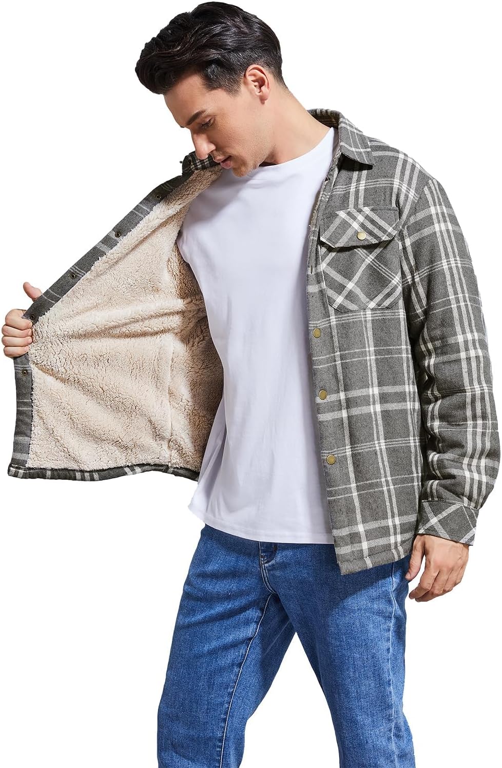 Men's Sherpa Lined Cotton Flannel Shirt Jacket Plaid Button Up Jacket Coat for Men with Pocket - Image 2