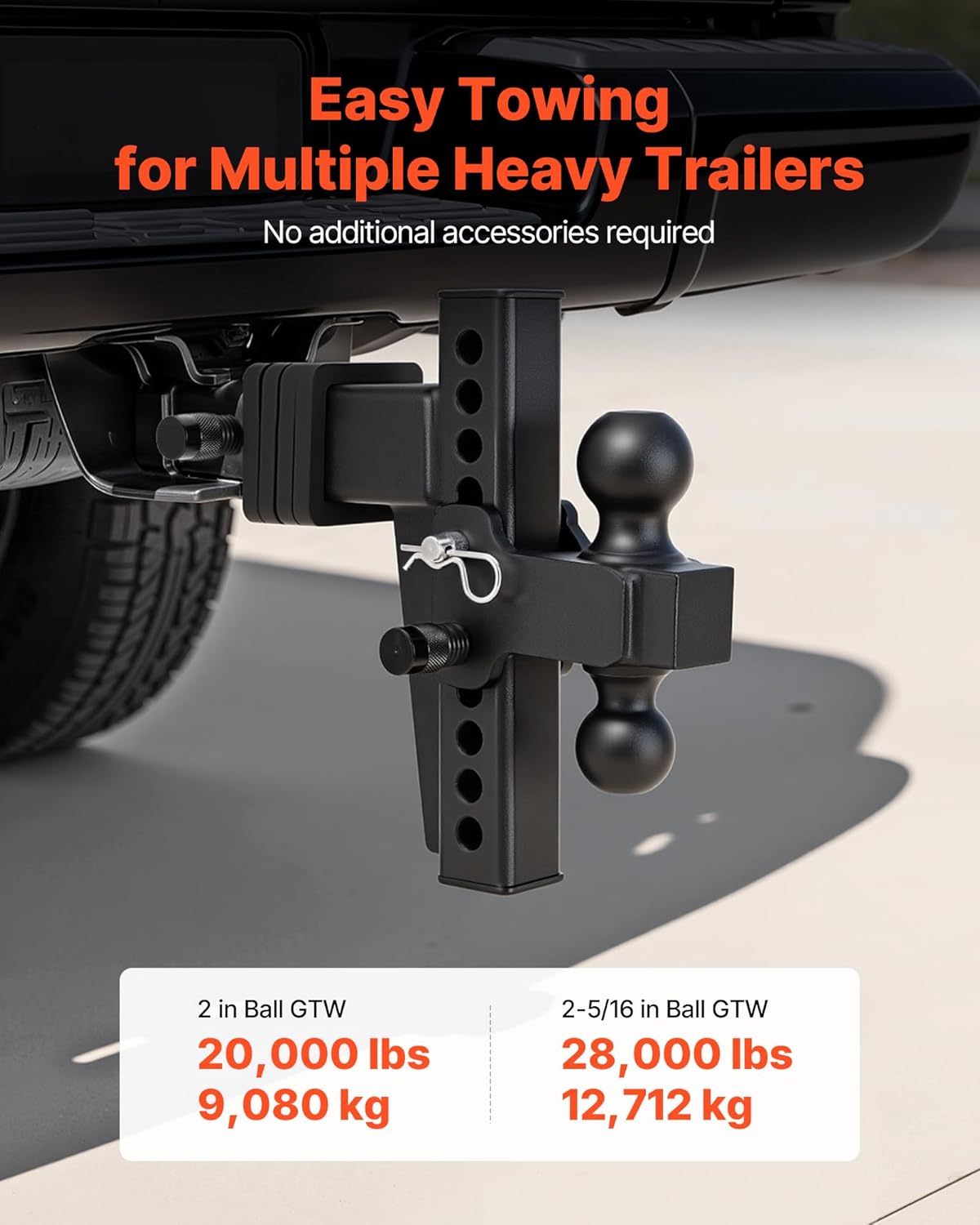 VEVOR Adjustable Trailer Hitch, Fit 2.5 Inch Receiver, Trailer Hitch Mount with 2 Inch & 2-5/16 Inch Balls, 28000 lbs GTW, 8 Inch Drop, Towing Ball Mounts for RVs, Off-Road Vehicles and Trucks, Black