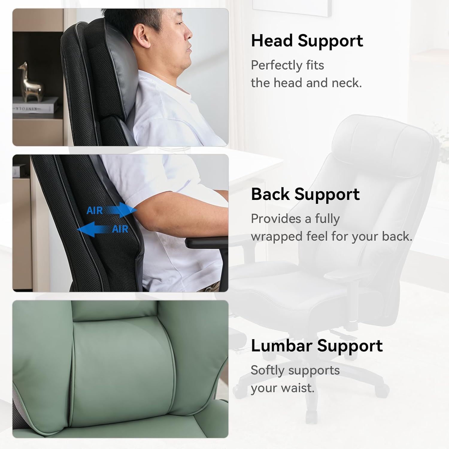 Diagram illustrating head support, back support with air circulation, and lumbar support pillow