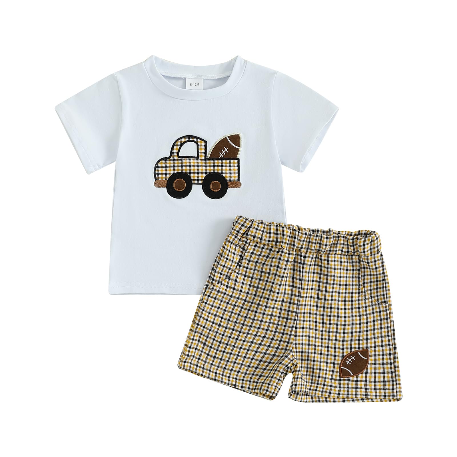 Baby Boys Summer Outfits Car/Football Embroidery Short Sleeves T-Shirt and Plaid Shorts Set 2 Piece Casual Clothes (A-White, 3-4T)