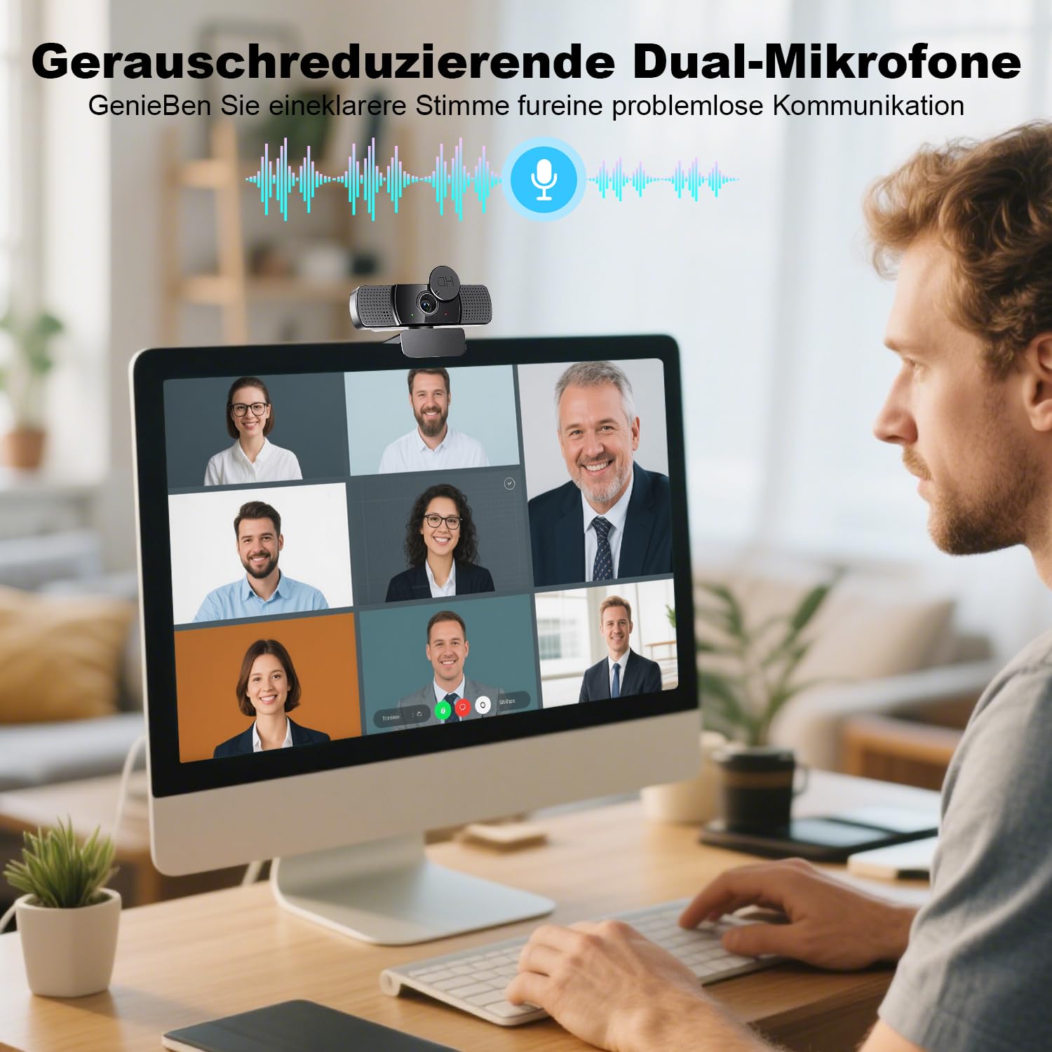 Webcam 2K Full HD, Neefeaer USB Webcam con microfono e copertura e treppiede, 85 punti di posizione, correzione automatica della luce, cancellazione del rumore, fotocamera PC con microfono compatibile