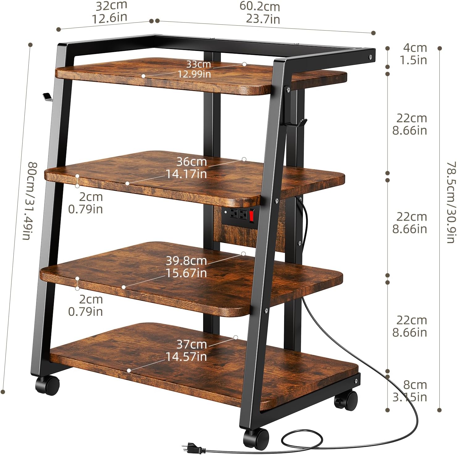 As is Mobile AV Media Stand with Outlets and 4 Rolling Caster Wheels, 4-Tier Rolling TV Stand for Gaming Console, Stereo, DVD Player, Sturdy Metal Frame, Versatile Living Room,Bedroom (Retro Brown)
