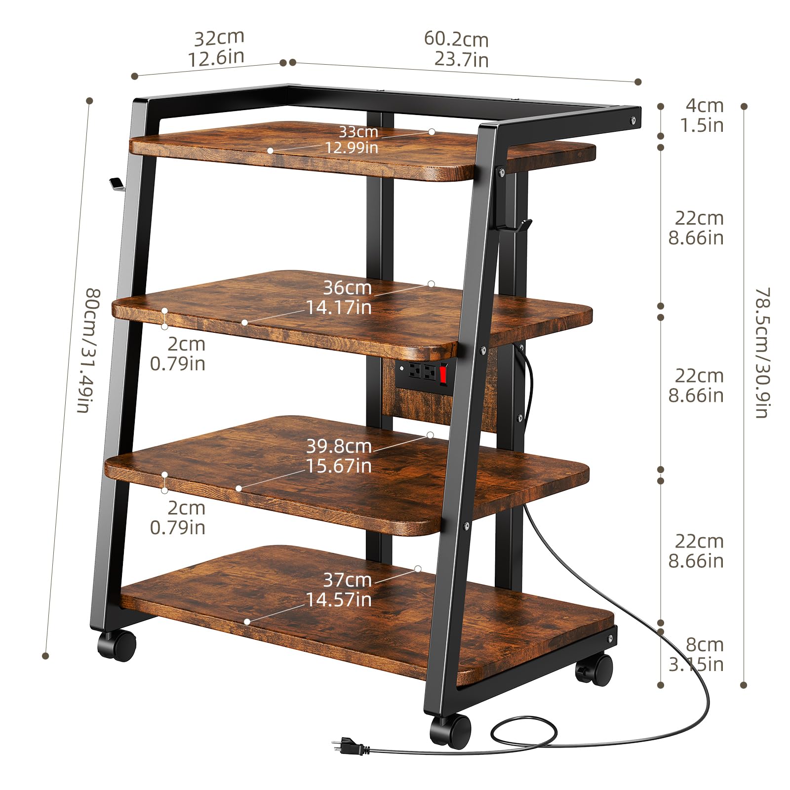 Condition photo showing New/Like New for cabte mobile av media stand with outlets and 4 rolling caster wheels, 4-tier rolling tv stand for gaming console, stereo, dvd player, sturdy metal frame, versatile living room,bedroom (retro brown)